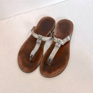 UGG Women's Bria Metallic Leather Thong Sandals Brown and Silver size 8